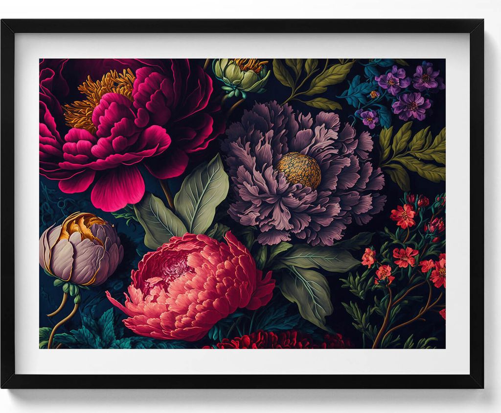 Vintage-Bouquet aus botanischen Blumen– Wandbild mit Rahmen – Gerahmtes Bild – Wanddekoration – 80x60 cm – Schwarz Rahmen