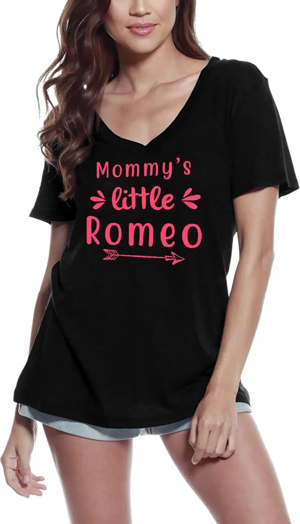Damen Grafik T-Shirt V-Ausschnitt Mommys kleiner Romeo – Mommy's Little Romeo – Öko-Verantwortlich Vintage Jahrgang Kurzarm Lustige Druck Gebu...