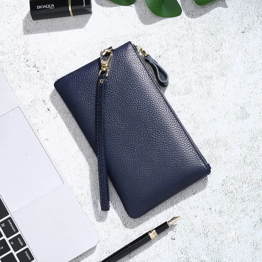SENDEFN Sac à main d'embrayage RFID en Cuir Véritable - Bleu Profond - 2