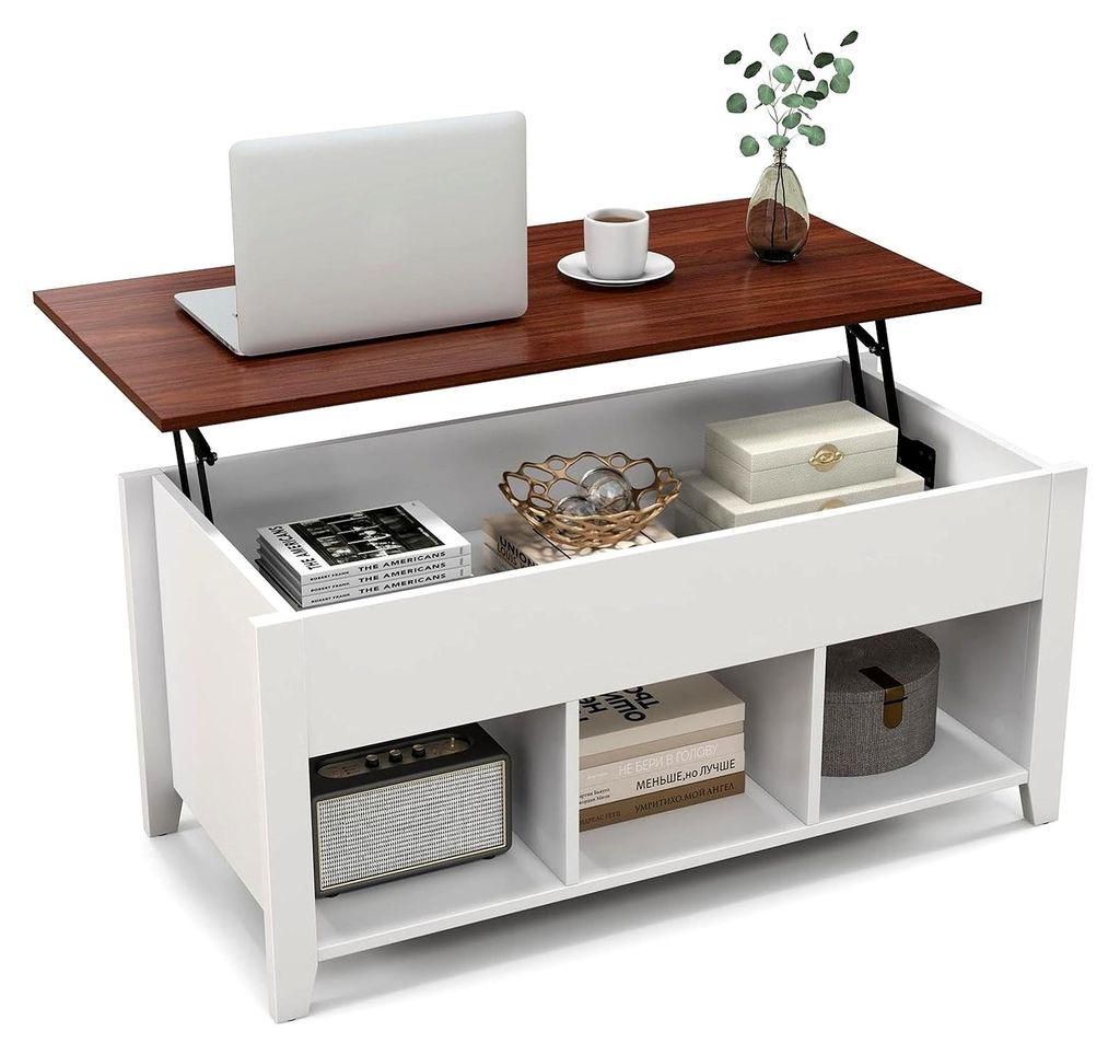 Höhenverstellbarer Couchtisch mit 3 offenen Ablagefächern, Wohnzimmertisch mit Stauraum, Vintage Sofatisch für Wohnzimmer und Büro (Weiß)