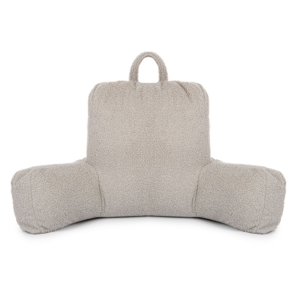 A light gray reading pillow with armrests and a handle on a white background.