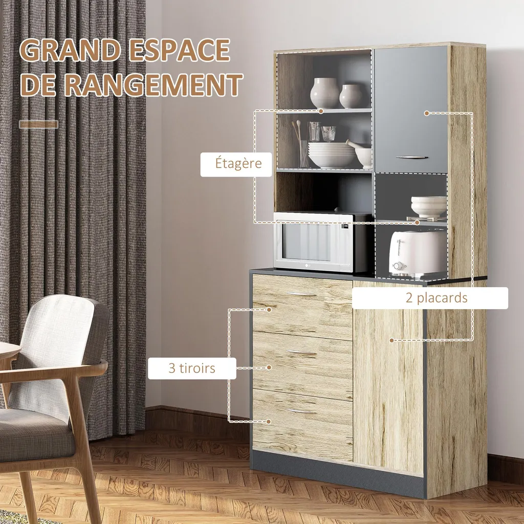 Buffet de cuisine à 2 portes et 3 tiroirs design bois clair et gris chic