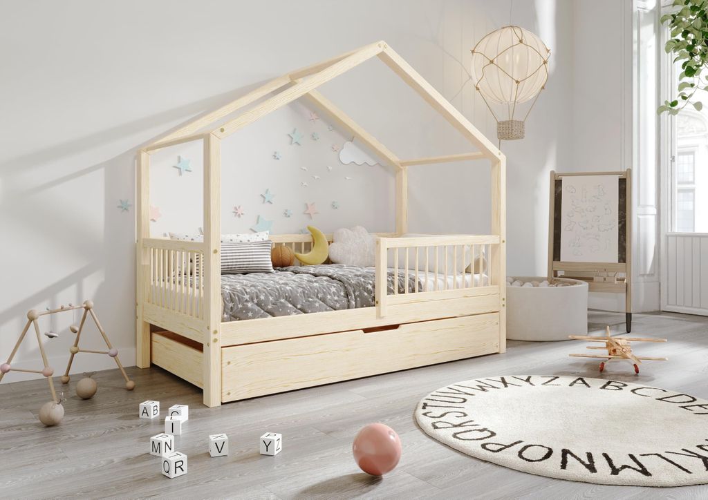 TIMBEE MURLO Box Hausbett Kinderbett Holz Bett mit Schublade - Unlackiert - 80x160cm