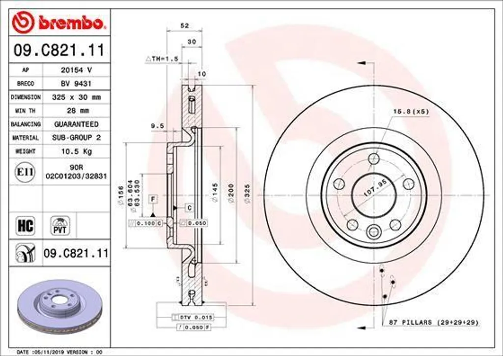 Disque de frein Brembo 09.C821.11 pour Jaguar E-Pace X540 OE J9C2136