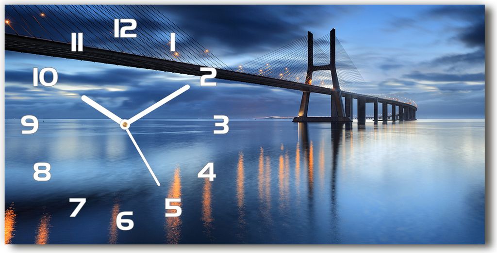 Wanduhr aus Glas – 60x30 cm - Glasbild - Glasuhr - Gehärtetes Glas - weisse-zeiger - beleuchtete Brücke