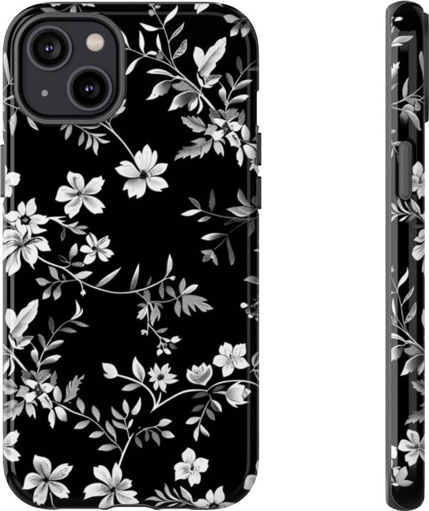 Schwarz-weißes Blumenmuster – Hülle Kompatibel mit iPhone 14 Plus