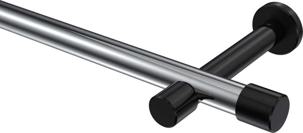 Interdeco Gardinenstange / Vorhangstange Chrom / Schwarz, Typ Prestige Santo (Kappe) ohne Ringe, 20 mm Ø 1-läufig, 220 cm