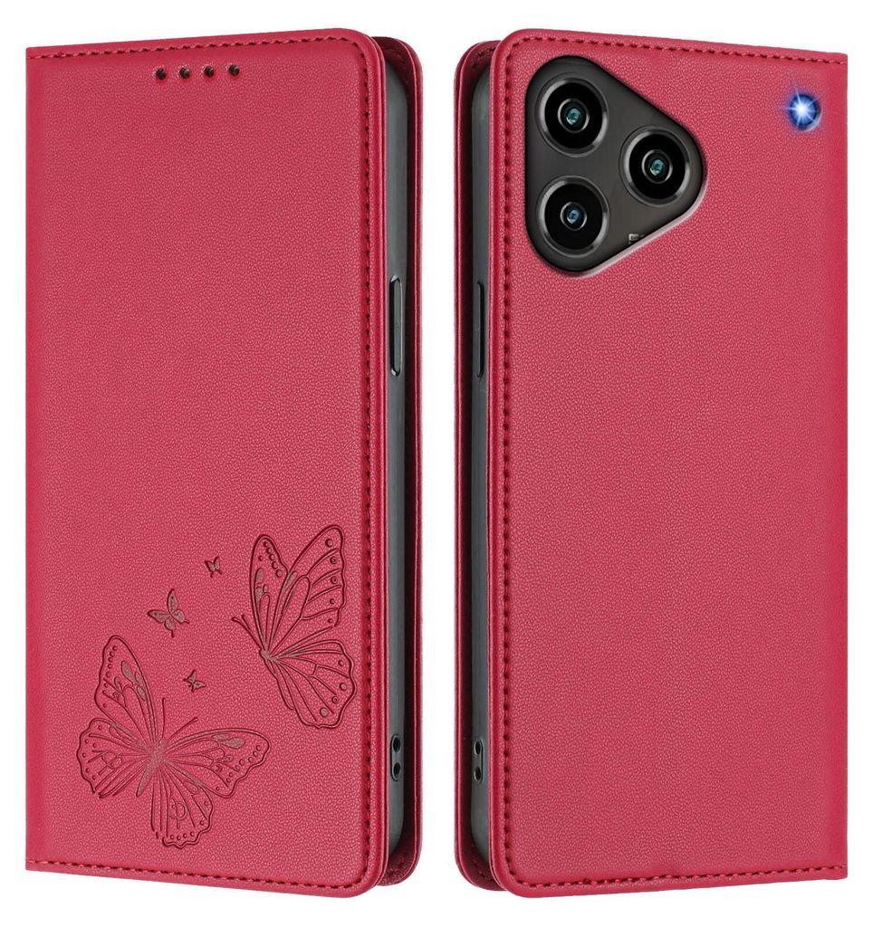 Lederhülle für ZTE Blade A76 4G, Schmetterling Prägung Leder Brieftasche Schutzhülle mit Ständer Rot