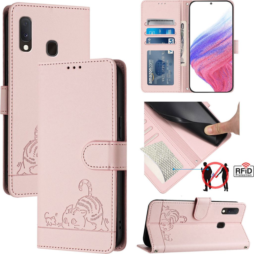 Leder Hülle für Samsung Galaxy A20e / A10e Süße Katze Flip Case Brieftasche Schutzhülle mit Standfunktion Pink