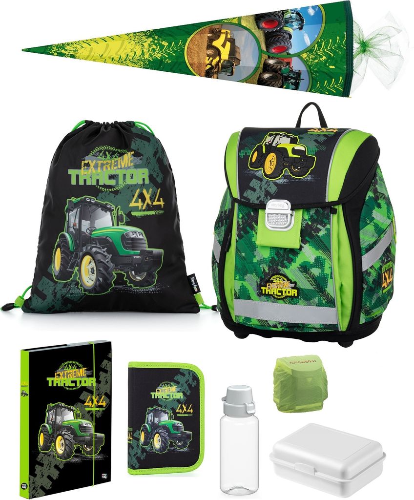 Jungen Schulranzen 1. Klasse Traktor Ranzen 9-teiliges Set Grün mit Schultüte 85cm