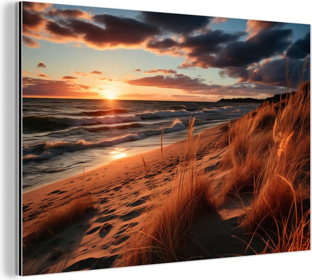 MuchoWow Wanddekoration Metall Metallbild Wandkunst 90x60 cm Strand - Sonnenuntergang - Dünen - Meer - Hochgras MuchoWow Aluminium Gemälde - Wand...