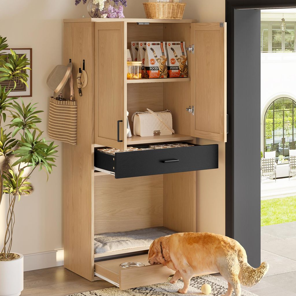 Multifunktionaler Tierschrank in Eichenoptik 160cm hoch–Futterstation mit Napf,Hundebett,Stauraum und Haken–Tiermöbel und Küchenschrank für ...