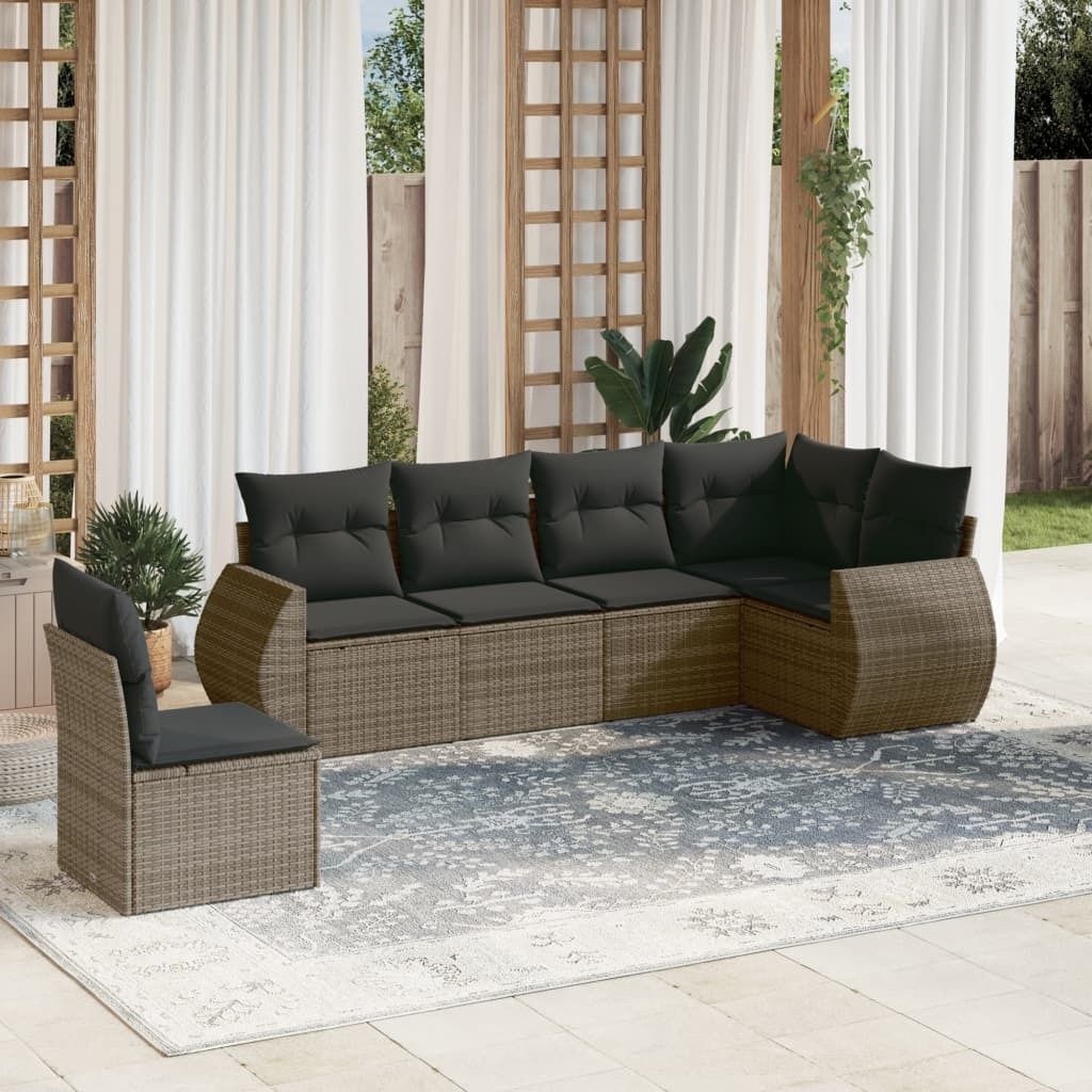 Design 6-tlg. Garten-Sofagarnitur mit Kissen Grau Poly Rattan, Gartenmöbel-Sets 2024 Neu