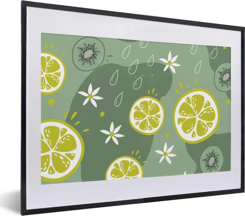 MuchoWow Gerahmtes Poster Sommer - Zitrusfrüchte - Kiwi - Blumen 40x30 cm - Poster mit Schwarzem Bilderrahmen Wandposter Rahmen Foto Bilder - Bi...
