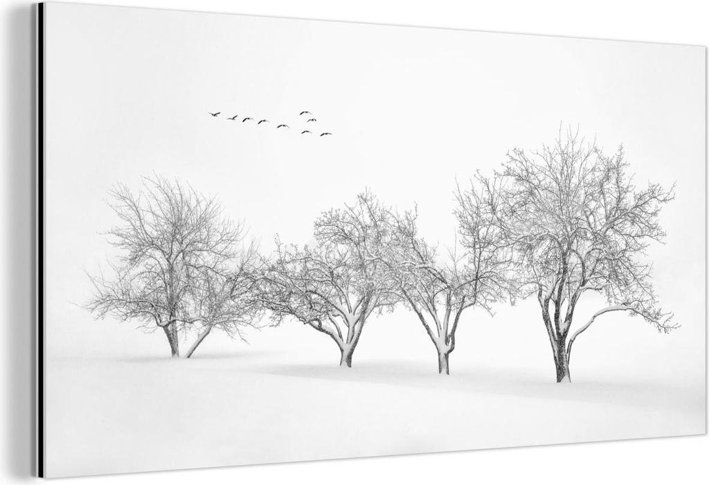 MuchoWow Wanddekoration Metall Metallbild Wandkunst 80x40 cm Bäume - Schwarz und weiß - Natur - Vögel MuchoWow Aluminium Gemälde - Wanddekorati...