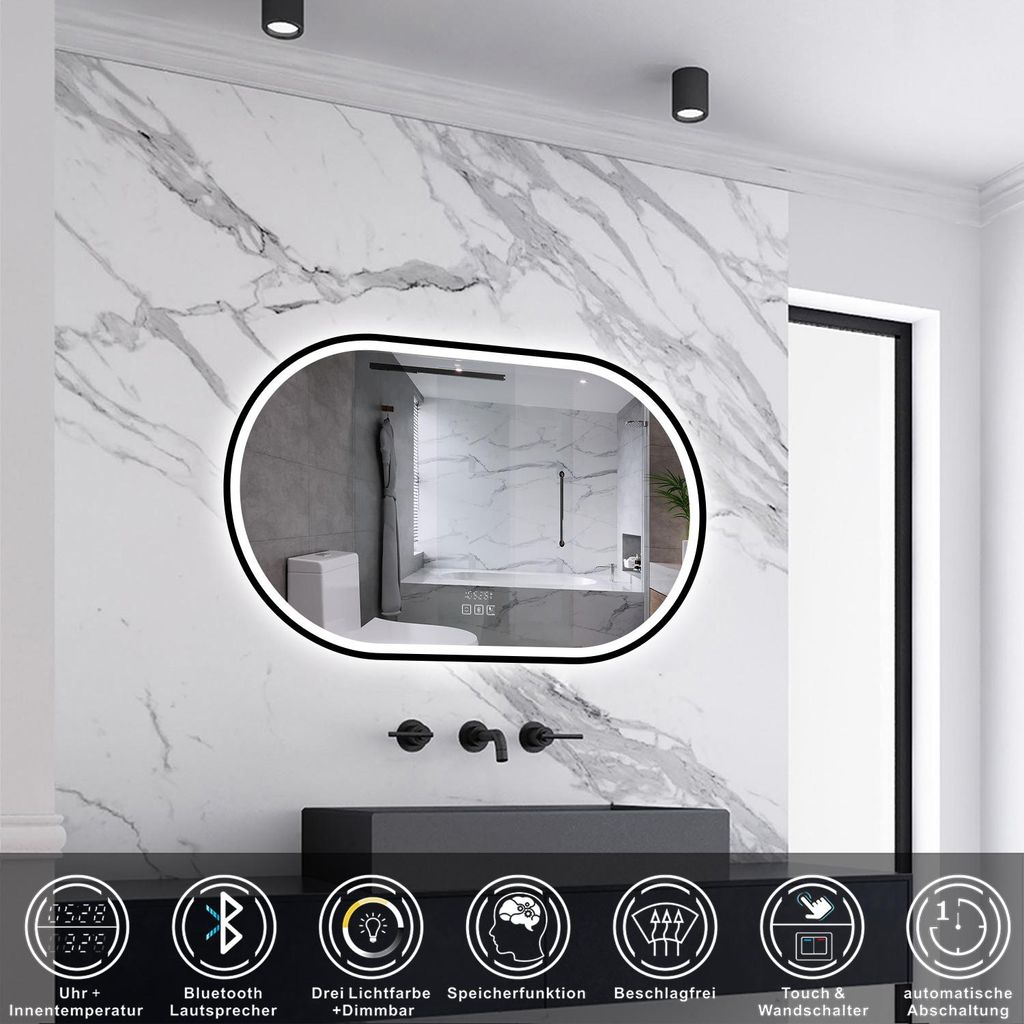 AICA LED Badspiegel Oval 100x60cm Beschlagfrei Bluetooth Uhr 3 Lichtfarbe Dimmbar Wandspiegel mit Schwarzem Rahmen IP44