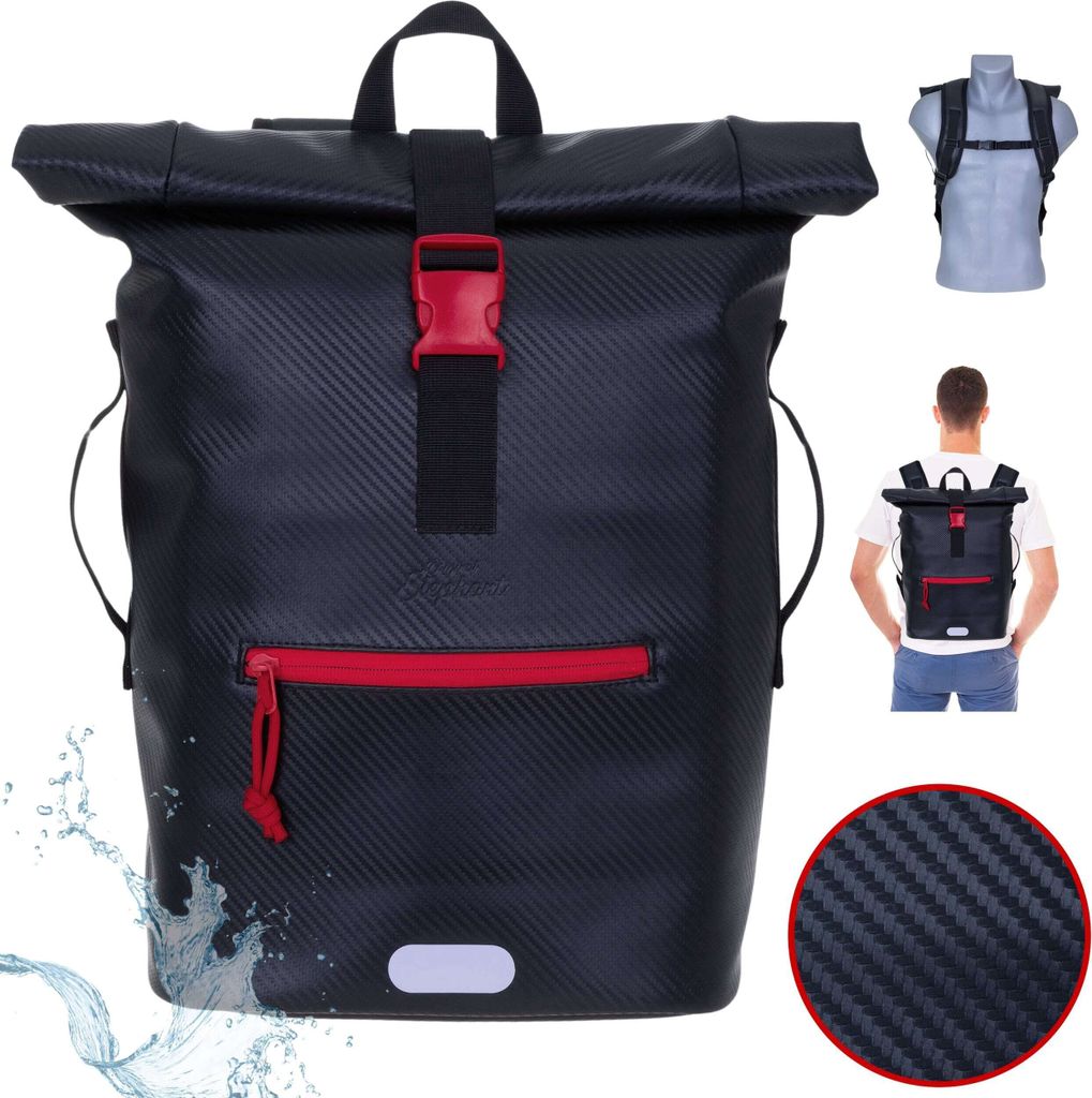 Rucksack Herren Plane Time Bag Evo 24 L Kurierrucksack Roll-Top A4 Freizeitrucksack Laptoprucksack wetterfest Elephant 13075 Carbon Schwarz ROT +f