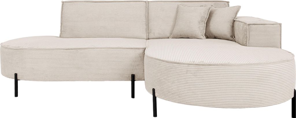 Ecksofa 3-Sitzer im Loft-Stil, Skandi-Design – L-Form, Ecke Rechts – Hohe Metallfüße – inkl. Dekokissen, Cordstoff Chenille – Creme