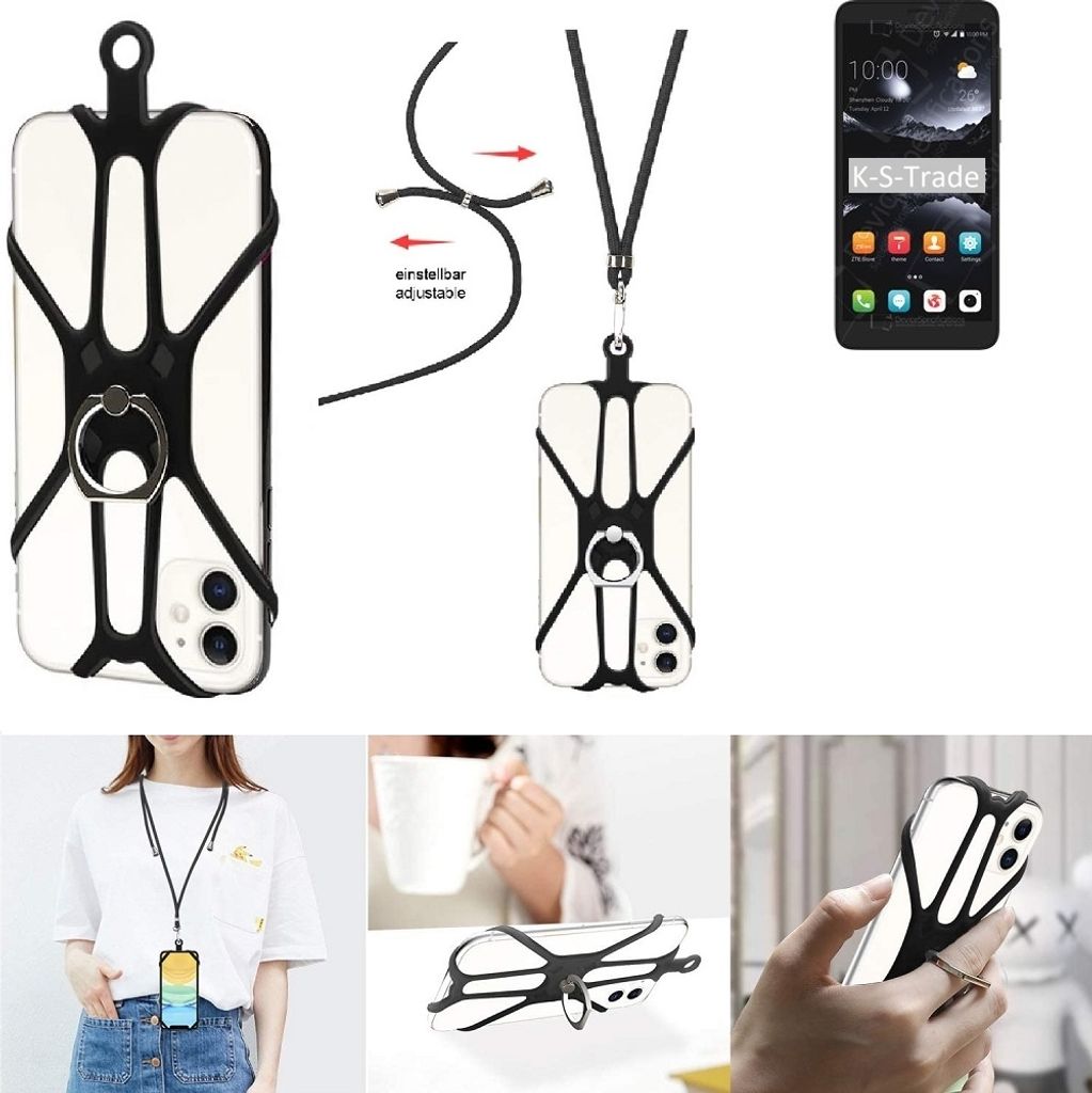 K-S-Trade 3in1 Handykette Handyband Handykordel Halsband Smartphone-Ring Handy-Ring kompatibel mit ZTE A530 Fingerhalterung Handyring Tischständer