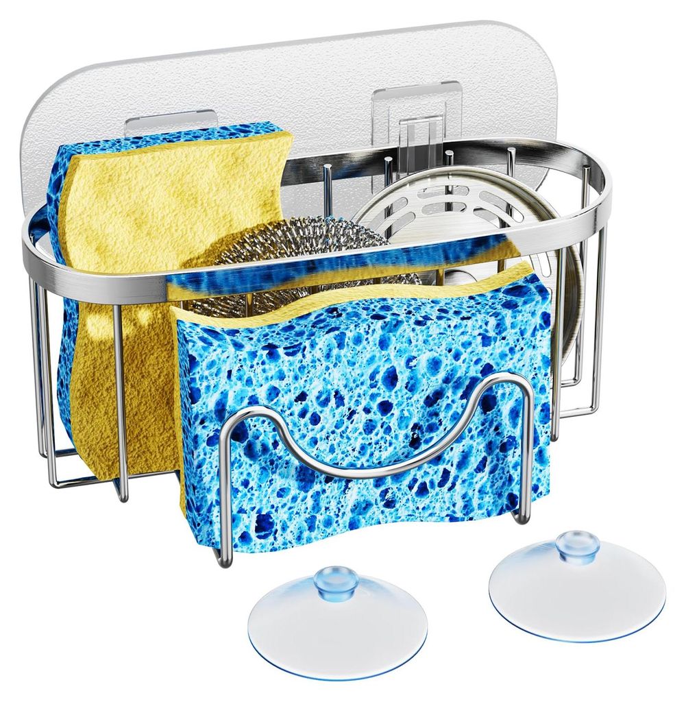2-in-1 Spülbecken-Organizer, Schwammhalter, Küchenorganizer aus Edelstahl mit 2 selbstklebenden Stopfen für Spülbeckenstöpsel, Schwämme und B...