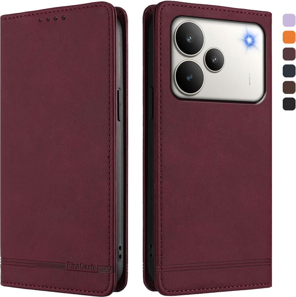 Hülle für Realme P4, Retro Kunstleder Ständer Klapphülle mit Kartenfächer und Magnetische Rot