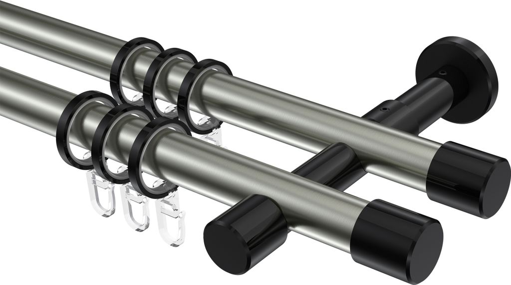 Interdeco Gardinenstange / Vorhangstange Edelstahl-Optik / Schwarz, Typ Prestige Santo (Kappe), 20 mm Ø 2-läufig, 160 cm