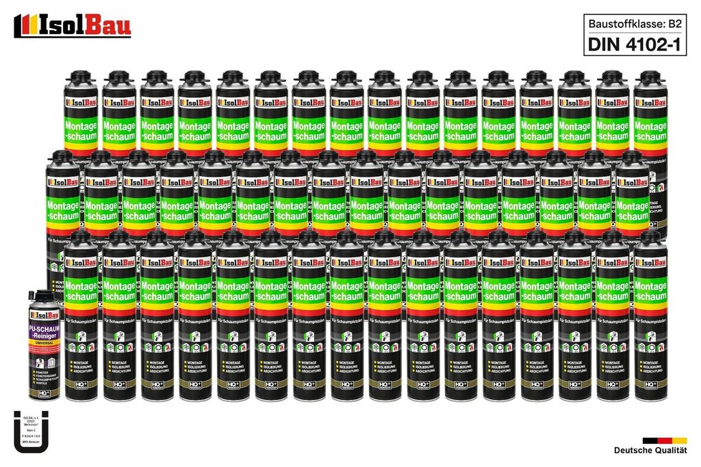 Isolbau Bauschaum-Set - Inkl. 48x Pistolenschaum (750 ml) & 1x PU-Reiniger (500 ml) Montageschaum B2