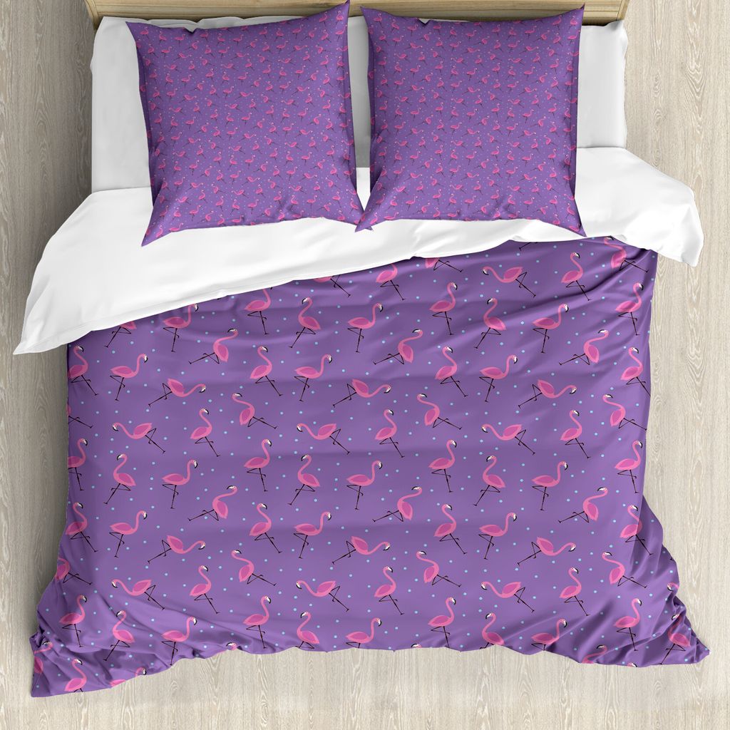 ABAKUHAUS Flamingo Bettbezug, Dots Vögel Kinder Mädchen, Milbensicher Allergiker geeignet mit Kissenbezügen, 155 cm x 220 cm - 80 x 80 cm, Viole...