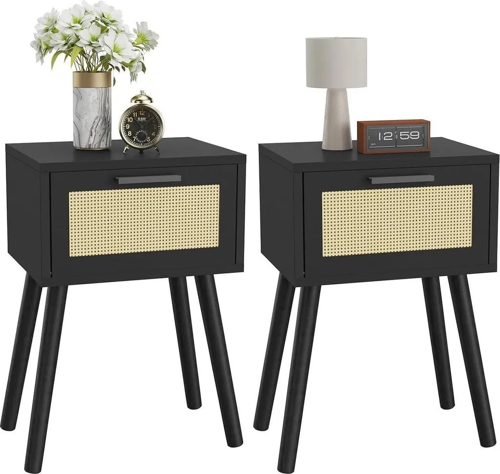 Coppia Comodini Neri YMYNY con Cassetto in Rattan 35x27x53cm Offerta
