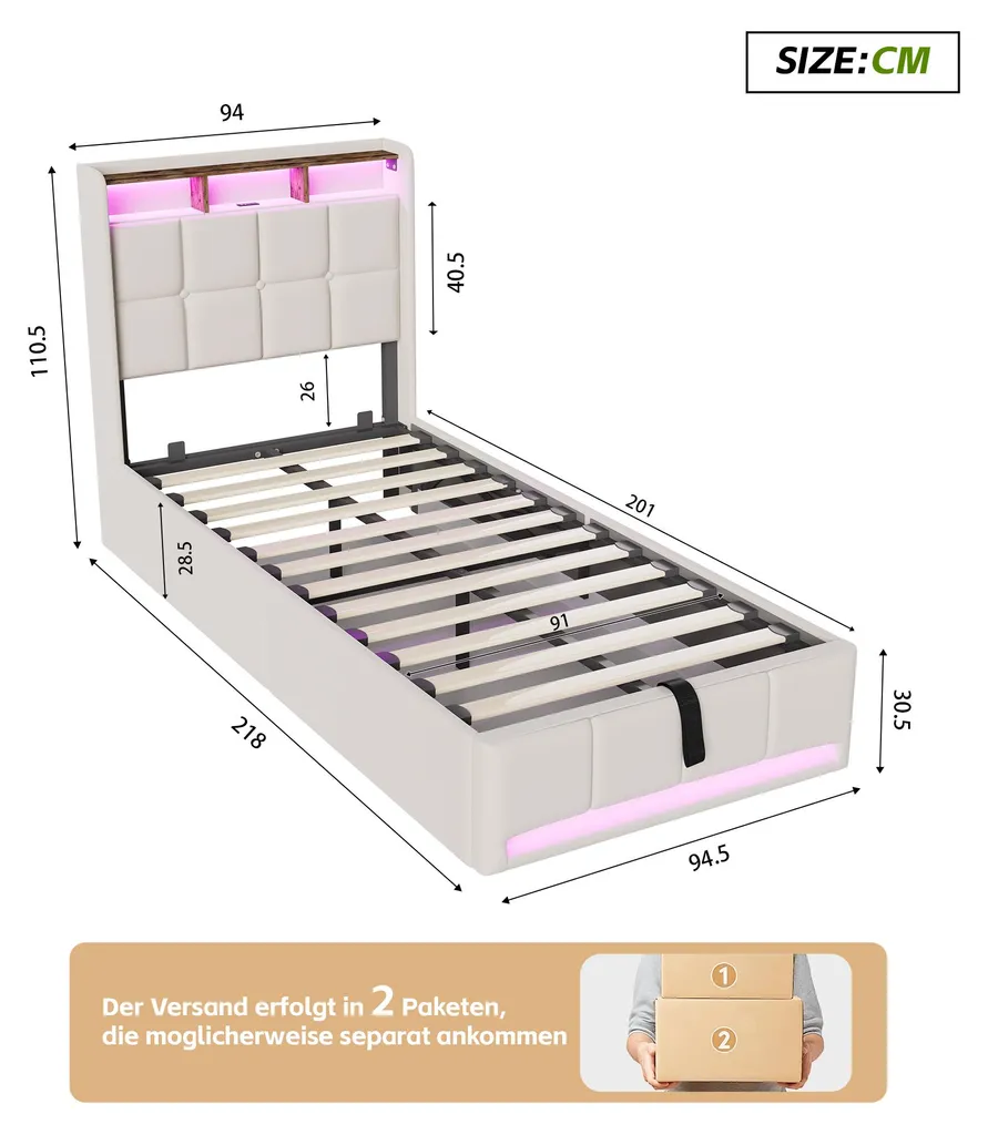 Lit gain de place 90x200 cm avec coffre hydraulique et ports USB-C - 3