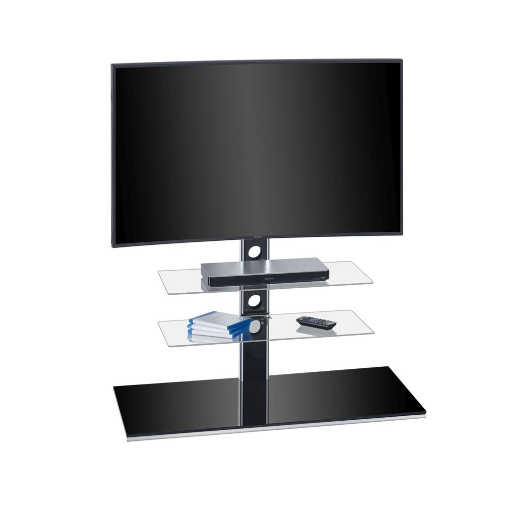 TV-Rack 1630 Schwarzglas – schwenkbarer TV-Stand mit Chromrahmen, ESG-Sicherheitsglas & Kabelmanagement 100 x 102 x 45 cm
