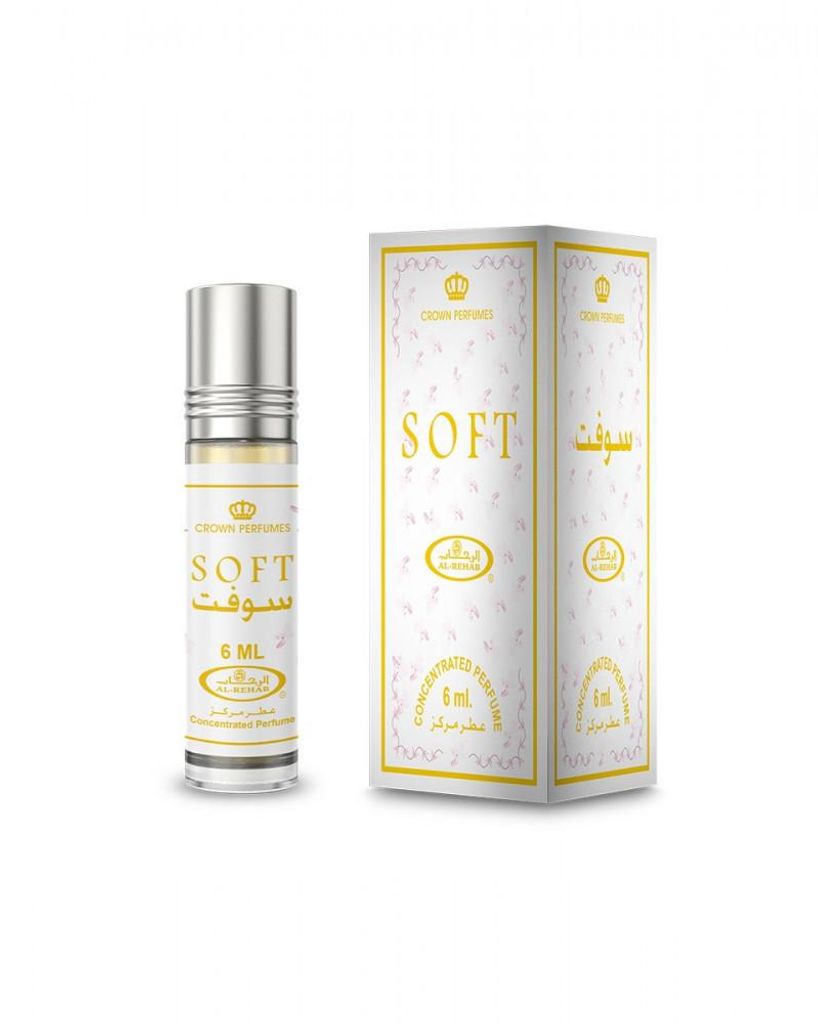 A bottle of Al-Rehab Roll On Parfumöl SOFT 6ml and its packaging are displayed against a white background.