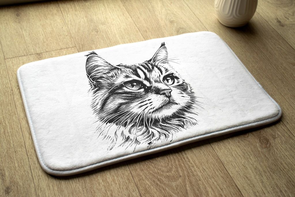Badteppich Saugfähige - Badezimmer Teppich - Rutschfester Badvorleger Badematte - 90x60 cm - Katze Tiere
