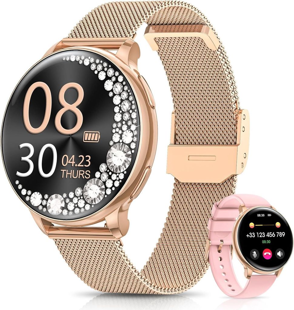 Smartwatch Damen, 1.27" mit Telefonfunktion, 24H SpO2 Pulsuhr, Fitnessuhr mit Schlafmonitor, 126 Sportmodi Schrittzähler IP68 iOS Android