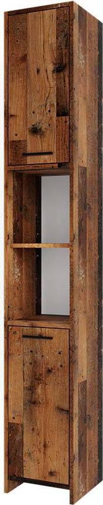 A tall, narrow wooden cabinet with two doors and an open shelf in the middle.