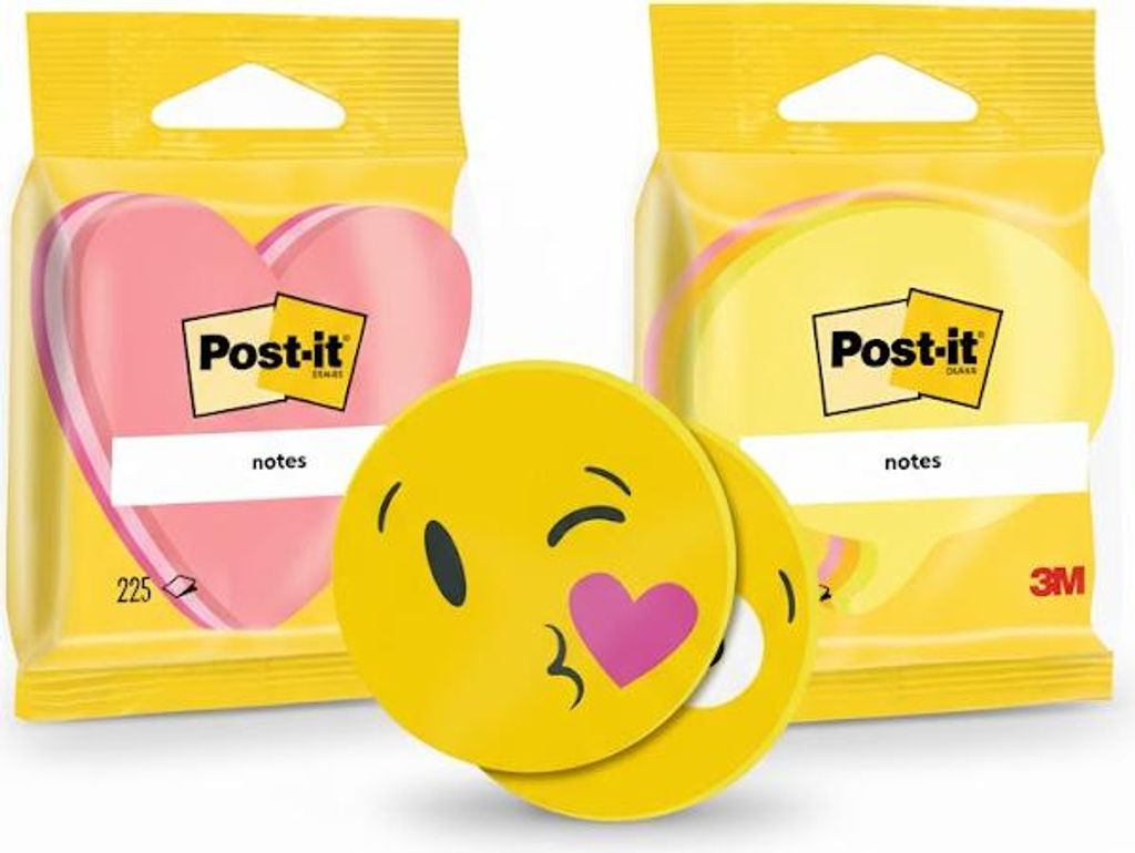 Post-it Set aus 3 Haftnotizen – Herz Pink , Sprechblase Gelb, Emoji Gelb