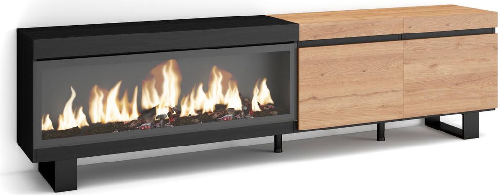 TV-Schrank, Lowboard, 208x35x57cm, Für TV-Geräte bis zu 80", Elektrokamin XXL, Industriedesign, Eiche Schwarz