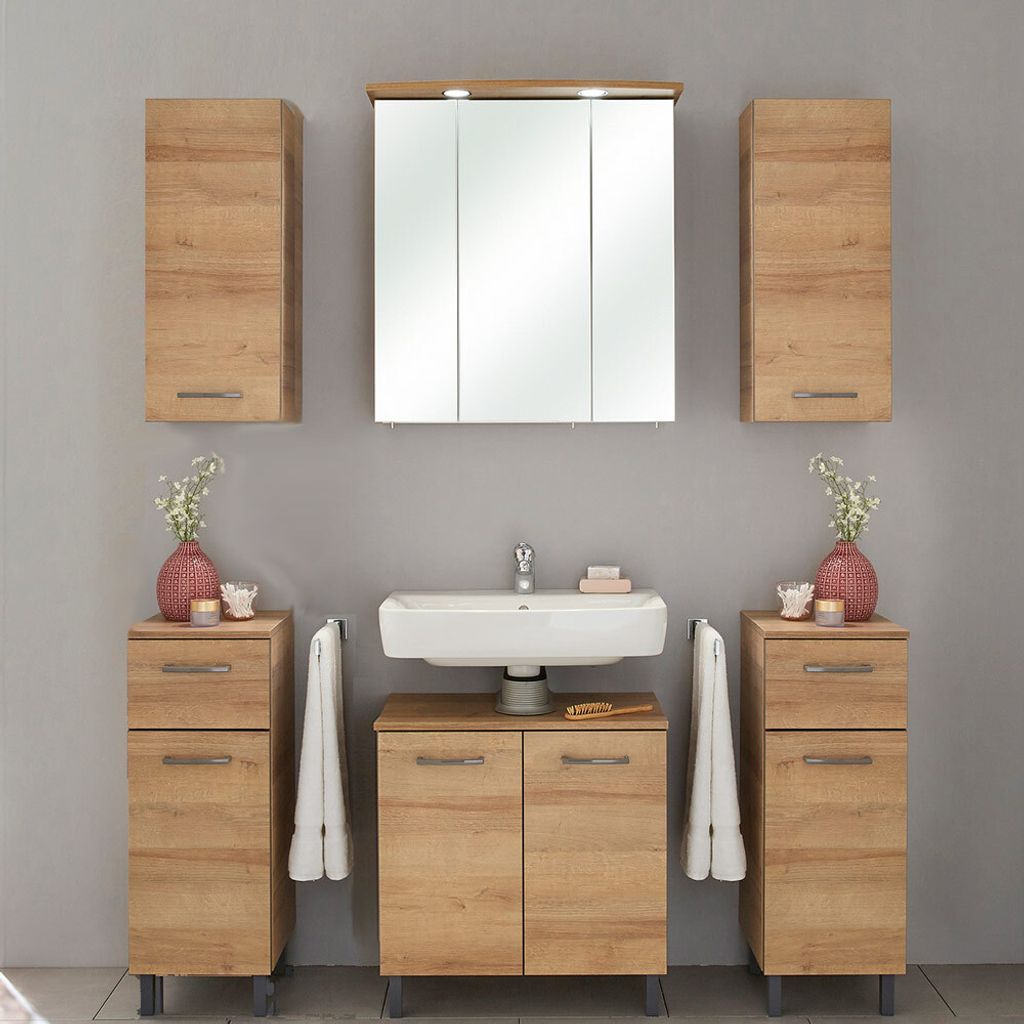 Badezimmer Möbelset 5-tlg. RECIFE-66 in Eiche Riviera, Spiegelschrank mit LED - B/H/T: 150/200/33cm