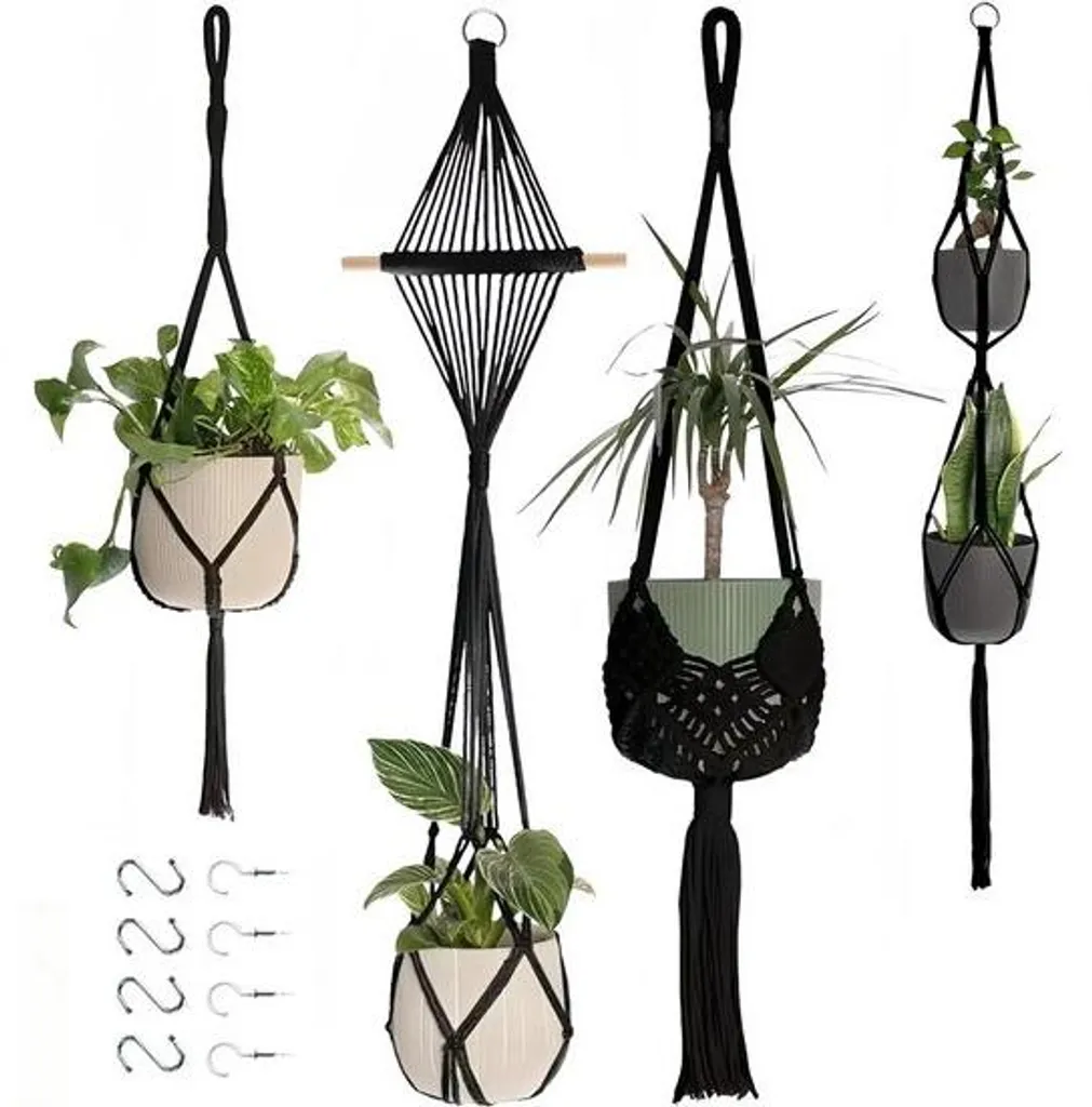 Lot de 4 Paniers à Fleurs en Macramé Noir avec Crochets de Suspension