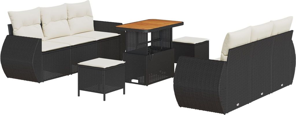 Eleganten-Stil 9-teiliges Garten-Sofa-Set mit Kissen Schwarz Poly-Rattan Akazie, 3-teiliges Garten-Dining-Set mit Kissen Schwarz Poly-Rattan Akazie...