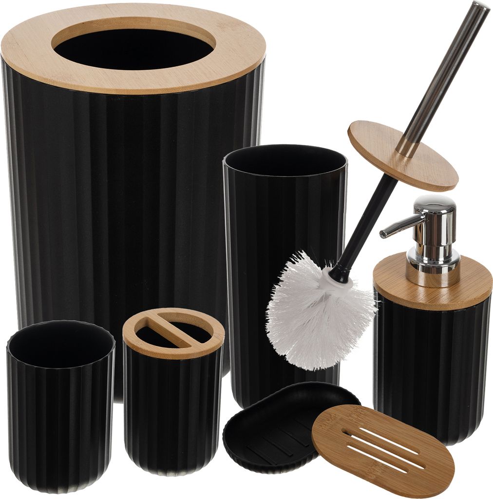 A collection of black bathroom accessories with bamboo accents, including a trash can, soap dispenser, toilet brush, soap dish, toothbrush holder, and cup.