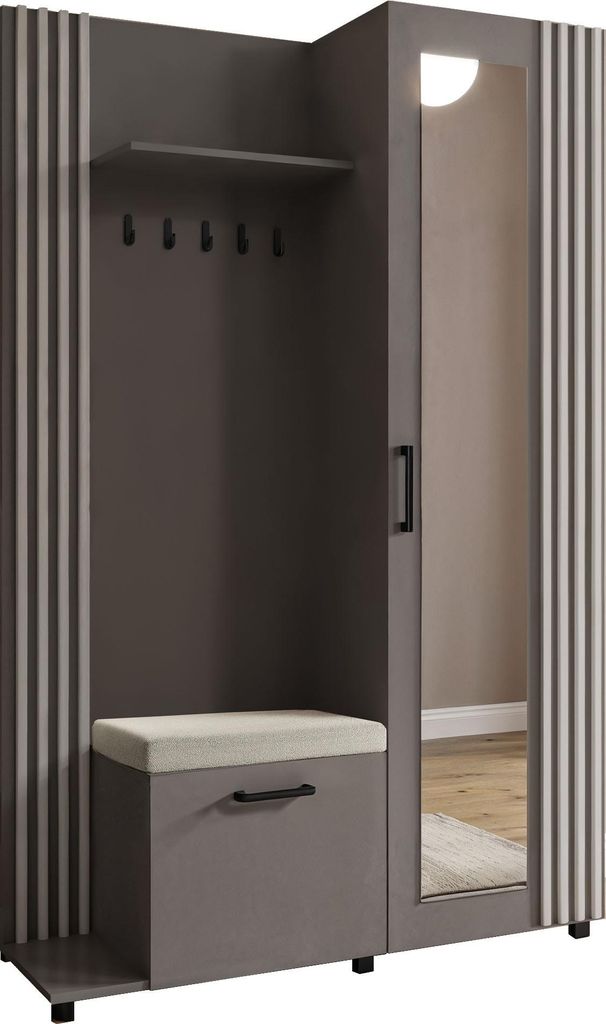 Garderoben-Set im Skandi-Stil mit Spiegel, Sitzbank, Schuhablage & Haken – Flurgarderobe 137 cm in Weißen Lamellen-Optik mit Ablage und Stauraum...