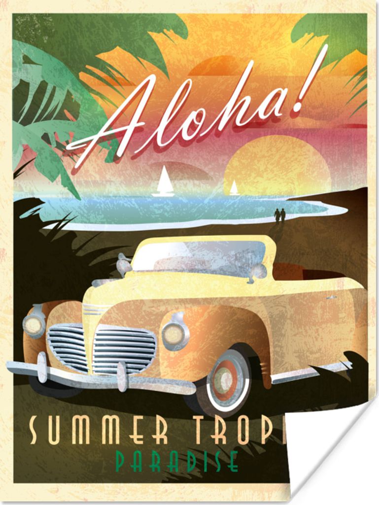 MuchoWow Poster Vintage Illustration Auto am Strand 120x160 cm - Wandbilder