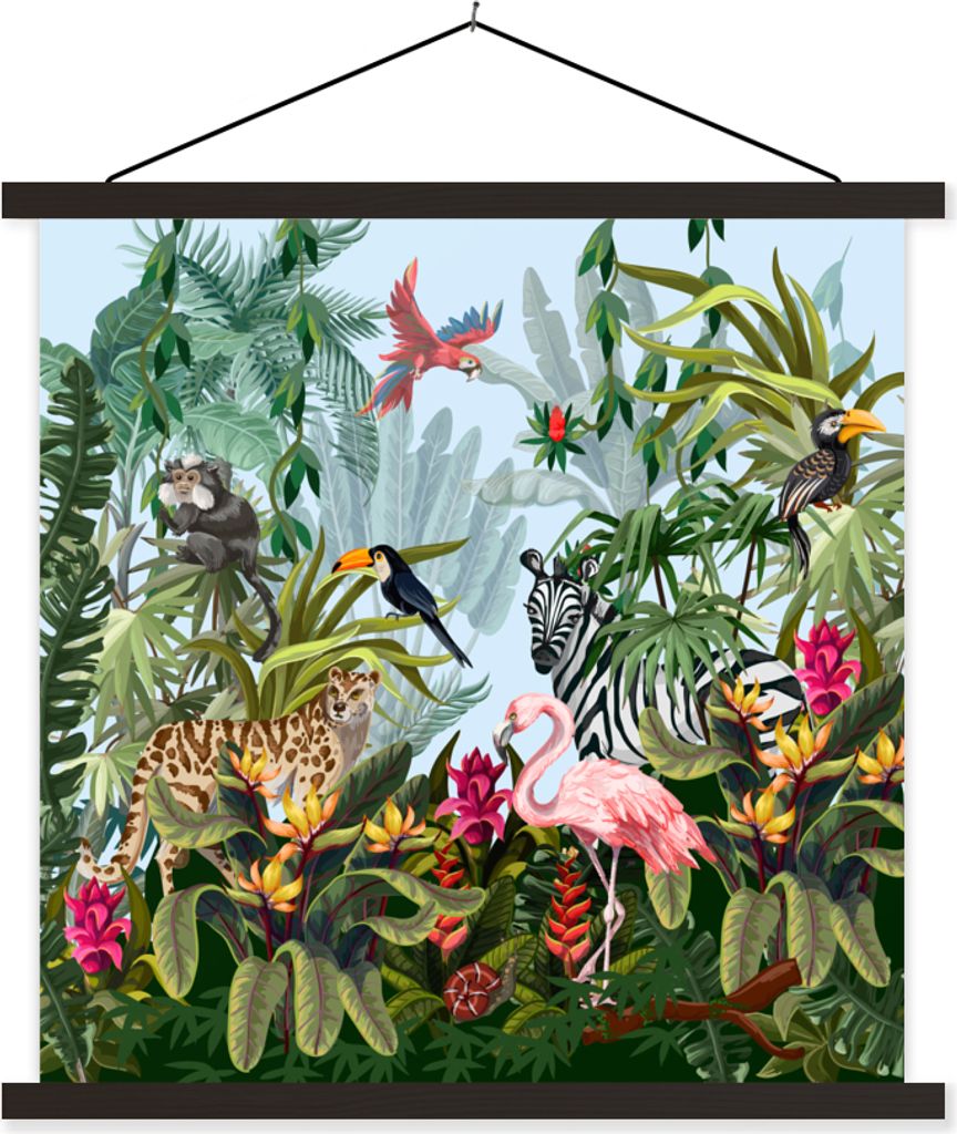 MuchoWow Textilposter Dschungel - Natur - Jungen - Mädchen - Kinder - Zebra - Flamingo 120x120 cm mit schwarzem Rahmen - Aufhängungsset