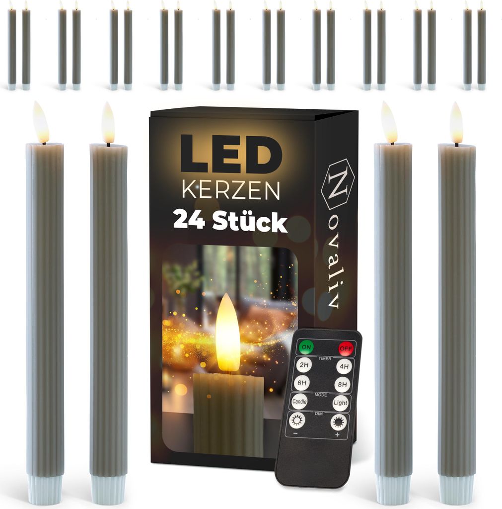 LED Stabkerzen 12 Stück ECHTWACHS gerippt TAUPE GRAU mit Timer Funktion 6 Stunden 23cm Höhe für Kerzen 2,2cm Durchmesser 2 AAA Batterien notwend...