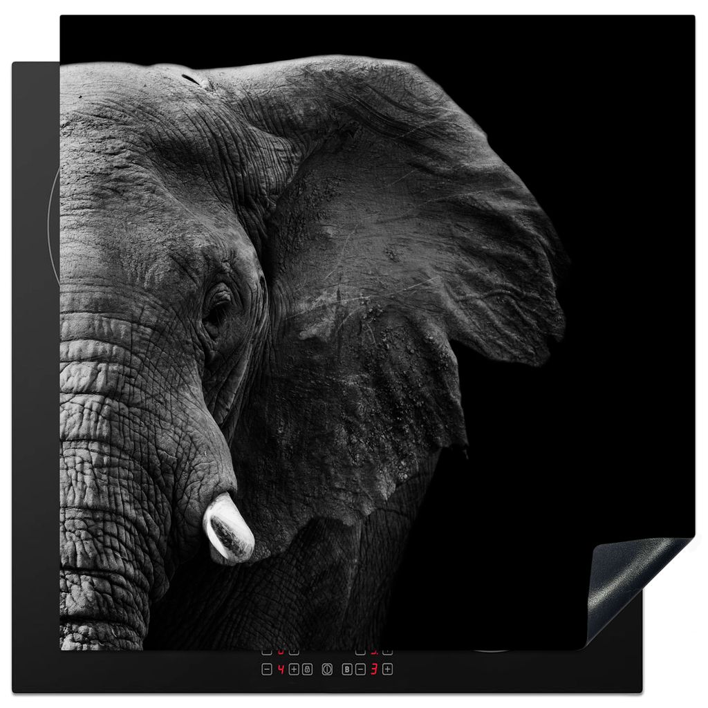 KitchenYeah Herdabdeckplatte Tiere - Elefant - Wild - Schwarz - Weiß , 78x78cm, Küche Deko, Glaskeramikkochfeld Herdabdeckung, Abdeckplatte fù...