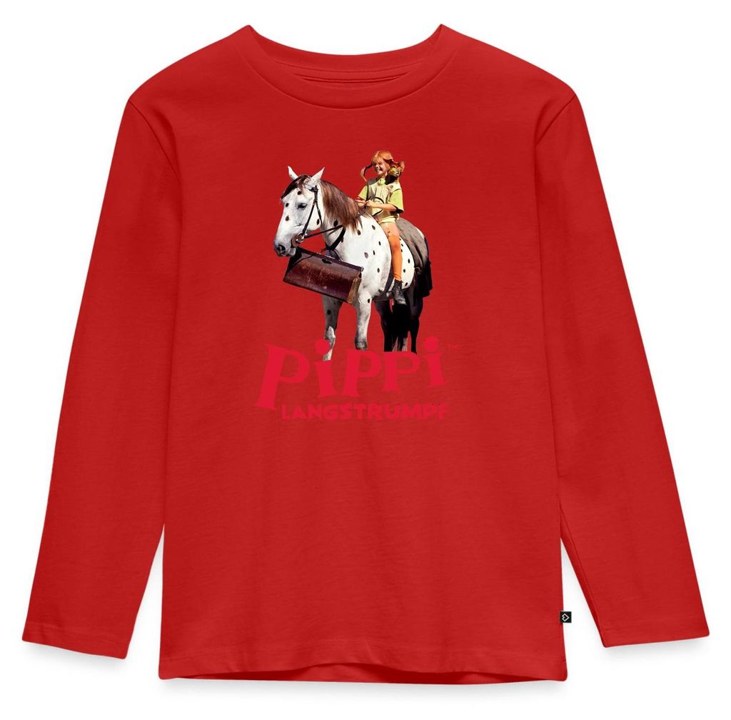 Spreadshirt Pippi Langstrumpf Pippi Reitet Auf Kleiner Onkel Kinder Premium Langarmshirt, 110/116 (4 Jahre), Rot