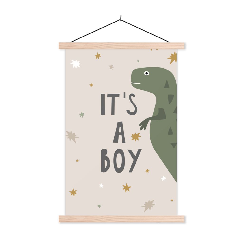 MuchoWow Textilposter Zitate - Sprichwörter - Es ist ein Junge - Dinosaurier - Kinder - Baby 120x180 cm mit holzfarbenen Rahmen - Textil-Plakat