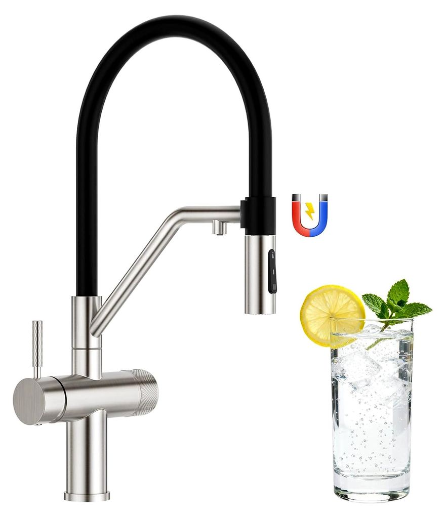 4-Wege Küchenarmatur abnehmbar, Doppelhebel Wasserhahn für Küche mit Trinkwasser und Sodawasser, Spültischarmatur aus Edelstahl mit schwarzem f...