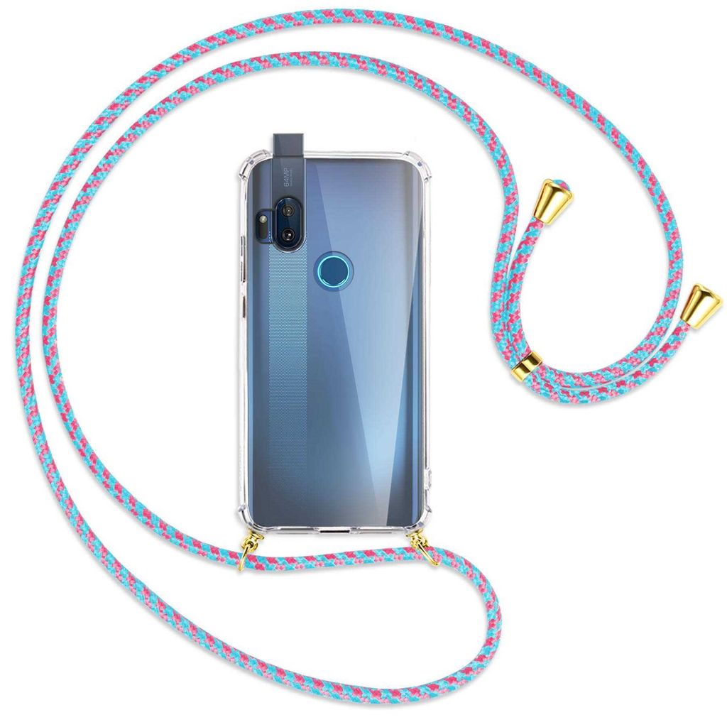 Handykette Backcover-Schutzhülle mit Band (Metall goldfarben) für Motorola One Hyper - pink/mint